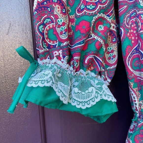 Vintage 80’s Square Dancing Paisley Print Dress Green and Dark Pink With Lace - Picture 3 of 16